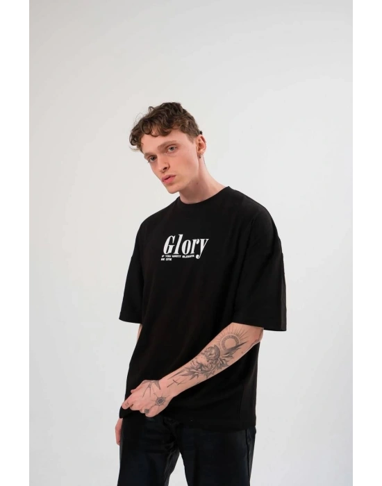 Erkek Bisiklet Yaka Baskılı Oversize T-Shirt - Siyah