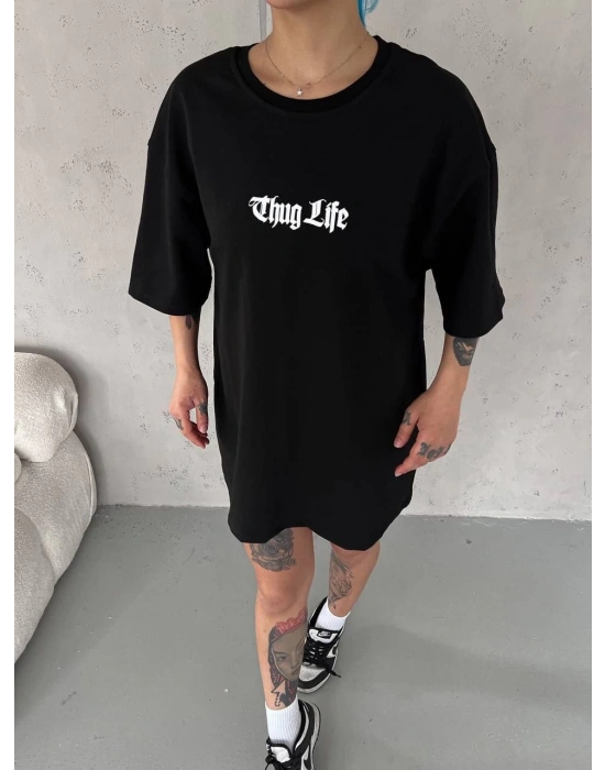 kadın Bisiklet Yaka Baskılı Oversize T-Shirt - Siyah