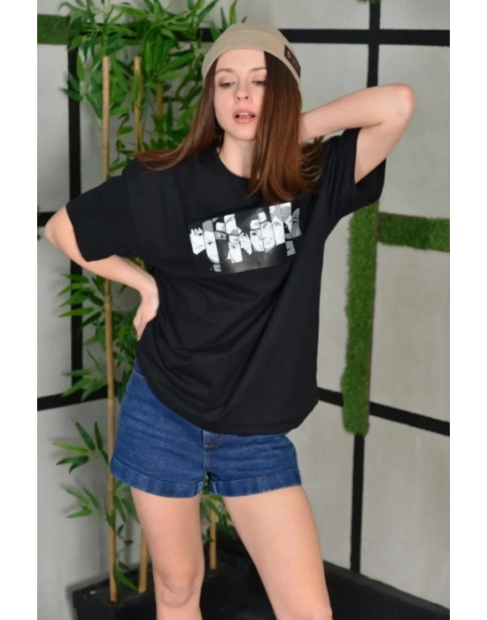 Kadın Bisiklet Yaka Baskılı Oversize T-Shirt - Siyah