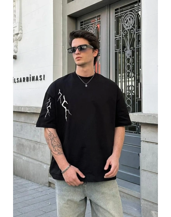 ERKEK Bisiklet Yaka ön ve arka Baskılı Oversize T-Shirt - Siyah