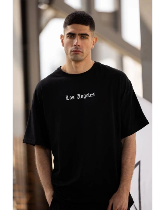 ERKEK Bisiklet Yaka Baskılı Oversize T-Shirt - Siyah