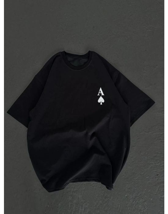 kadın Bisiklet Yaka Baskılı Oversize T-Shirt - Siyah