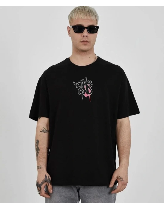 Erkek  Bisiklet Yaka Baskılı Oversize T-Shirt - Siyah