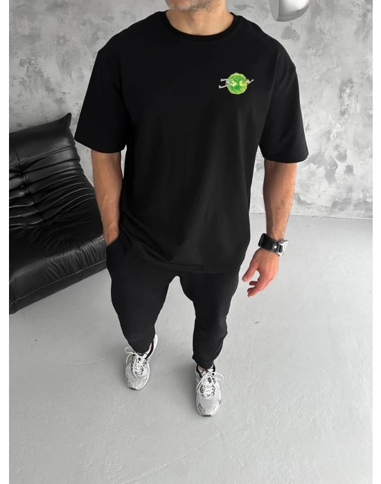 ERKEK Bisiklet Yaka ön ve sırt Baskılı Oversize T-Shirt - Siyah