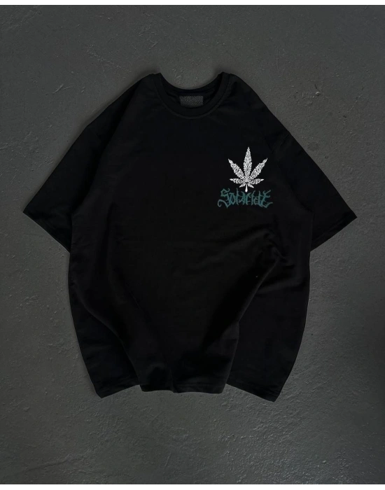 kadın  Bisiklet Yaka Baskılı Oversize T-Shirt - Siyah