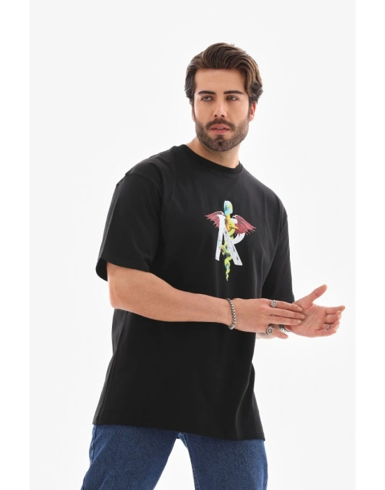 Erkek Bisiklet Yaka Baskılı Oversize T-Shirt - Siyah