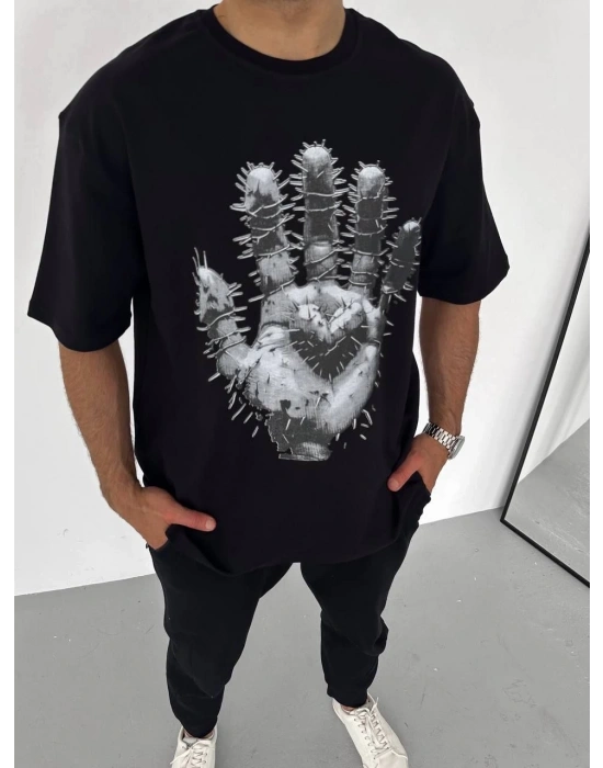 ERKEK Bisiklet Yaka Baskılı Oversize T-Shirt - Siyah