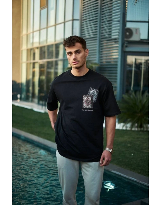 ERKEK Bisiklet Yaka Baskılı Oversize T-Shirt - Siyah