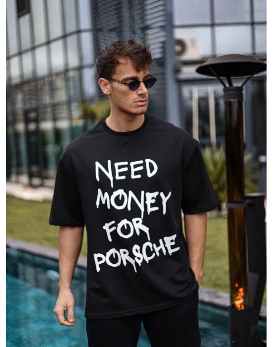 Erkek Bisiklet Yaka Baskılı Oversize T-Shirt - Siyah