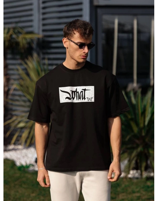 Erkek Bisiklet Yaka Baskılı Oversize T-Shirt - Siyah