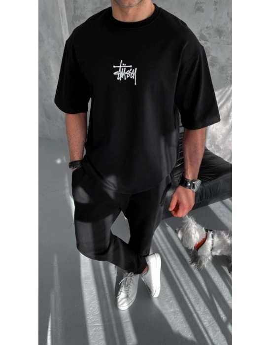 ERKEK Bisiklet Yaka Baskılı Oversize T-Shirt - Siyah