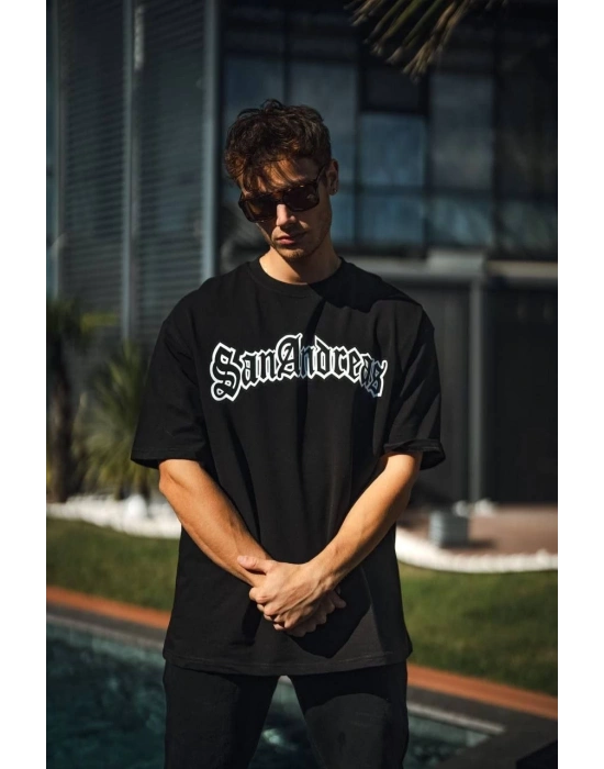 Erkek  Bisiklet Yaka Baskılı Oversize T-Shirt - Siyah