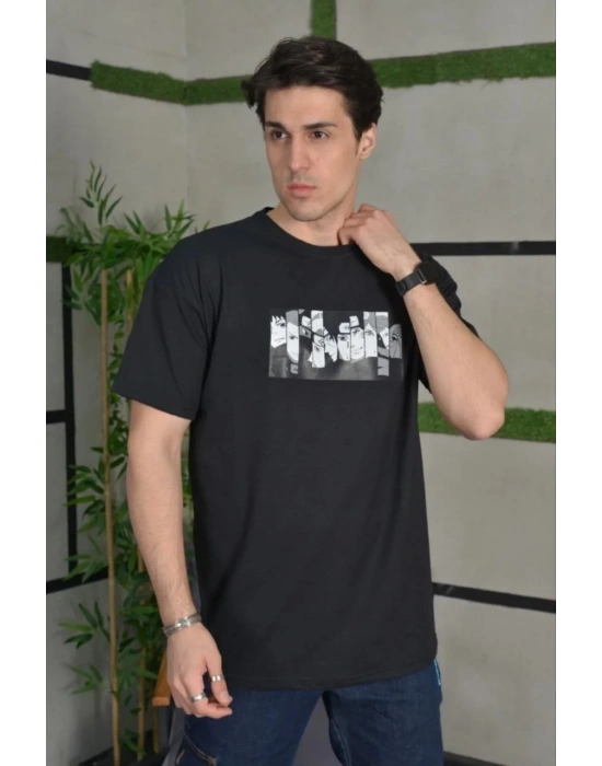 ERKEK Bisiklet Yaka Baskılı Oversize T-Shirt - Siyah