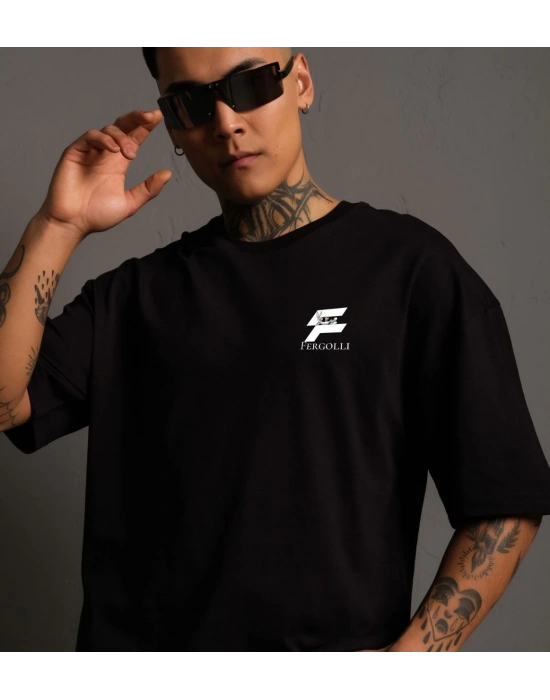 Erkek  Bisiklet Yaka Baskılı Oversize T-Shirt - Siyah