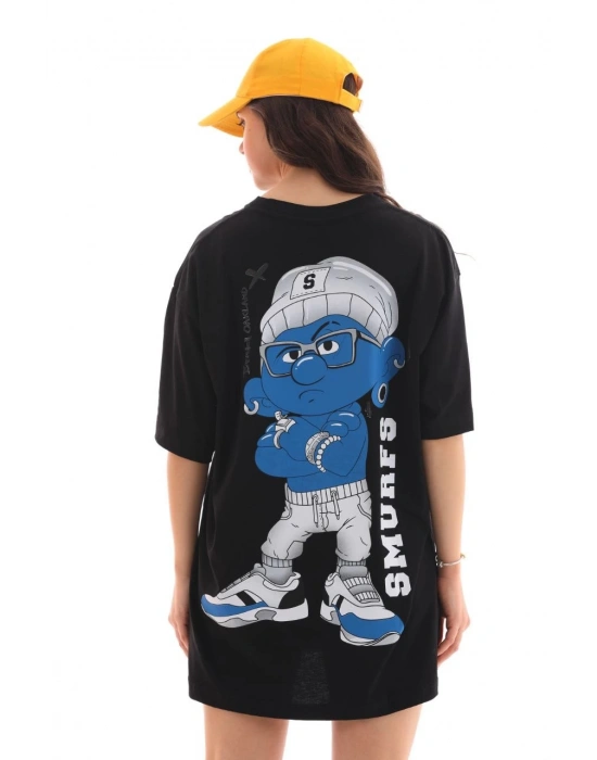 kadın  Bisiklet Yaka Baskılı Oversize T-Shirt - Siyah