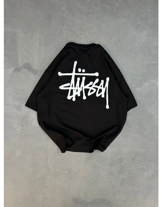 kadın Bisiklet Yaka Baskılı Oversize T-Shirt - Siyah