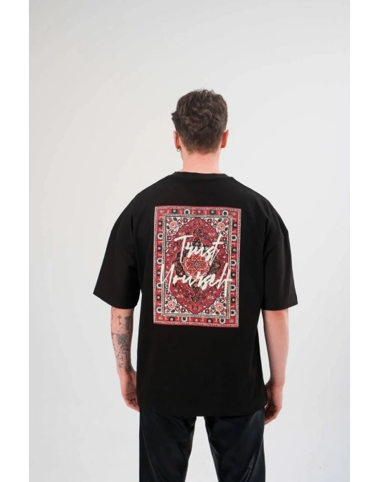 Erkek Bisiklet Yaka Baskılı Oversize T-Shirt - Siyah