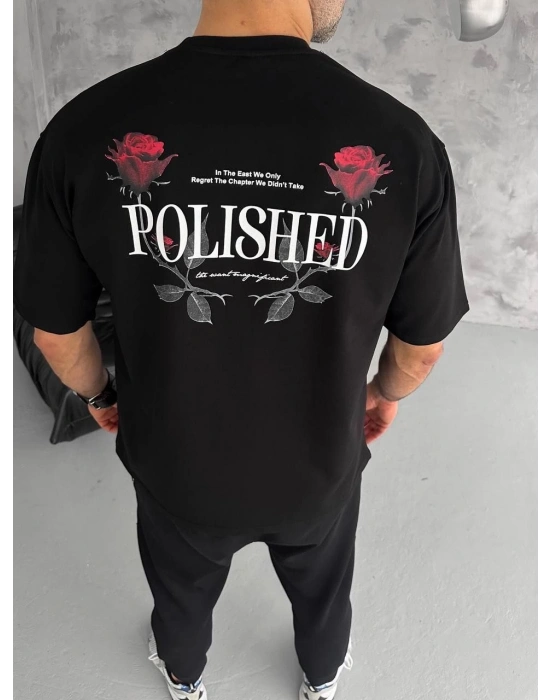 Erkek  Bisiklet Yaka Baskılı Oversize T-Shirt - Siyah