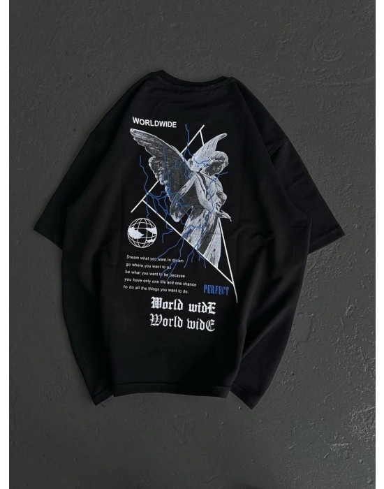 kadın Bisiklet Yaka Baskılı Oversize T-Shirt - Siyah