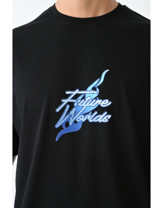 ERKEK Bisiklet Yaka Baskılı Oversize T-Shirt - Siyah