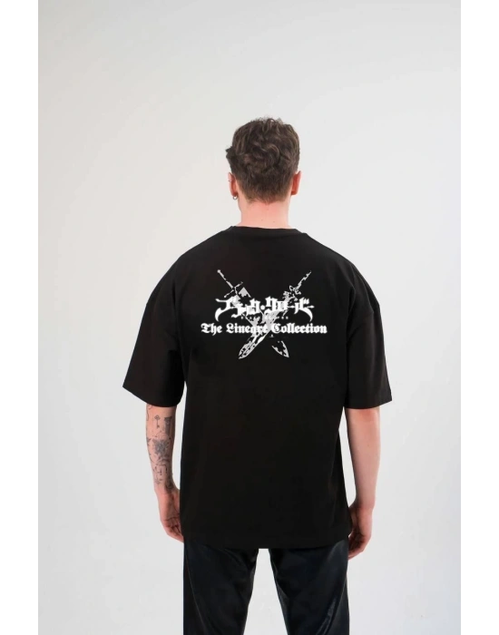 ERKEK Bisiklet Yaka Baskılı Oversize T-Shirt - Siyah