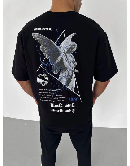 Erkek  Bisiklet Yaka Baskılı Oversize T-Shirt - Siyah