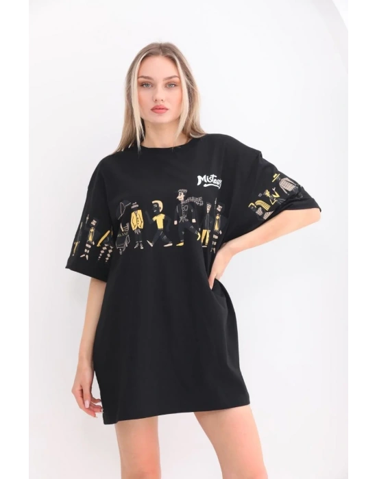 kadın  Bisiklet Yaka Baskılı Oversize T-Shirt - Siyah