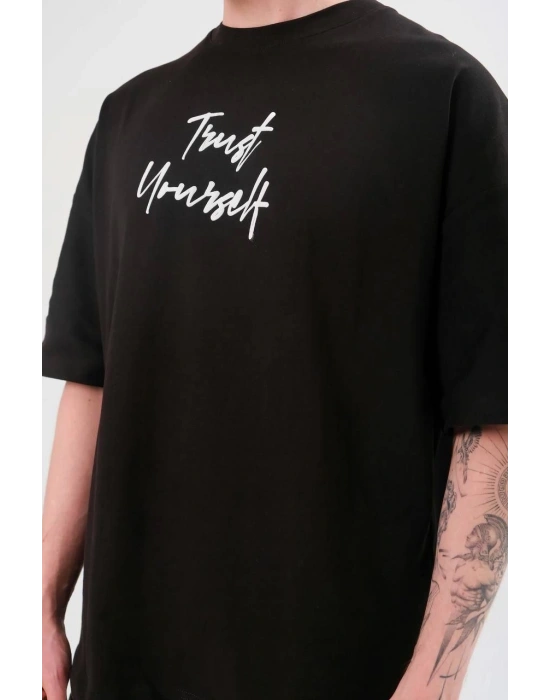 ERKEK Bisiklet Yaka Baskılı Oversize T-Shirt - Siyah