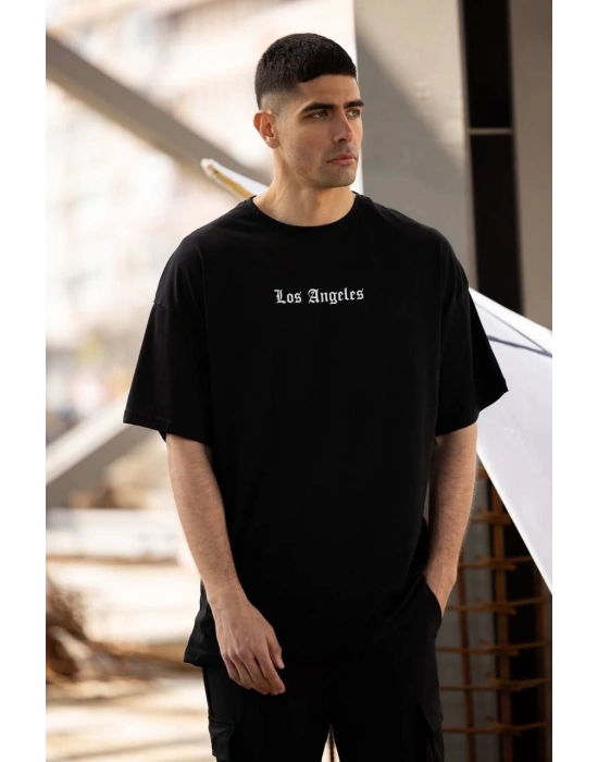 ERKEK Bisiklet Yaka Baskılı Oversize T-Shirt - Siyah