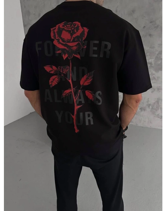 Erkek Bisiklet Yaka Baskılı Oversize T-Shirt - Siyah