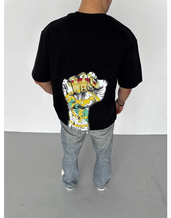 ERKEK Bisiklet Yaka Baskılı Oversize T-Shirt - Siyah