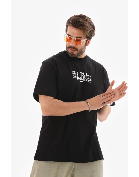 Erkek Bisiklet Yaka Baskılı Oversize T-Shirt - Siyah