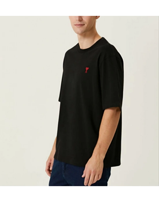 ERKEK Bisiklet Yaka Baskılı Oversize T-Shirt - Siyah