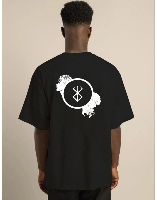 Erkek Bisiklet Yaka Baskılı Oversize T-Shirt - Siyah