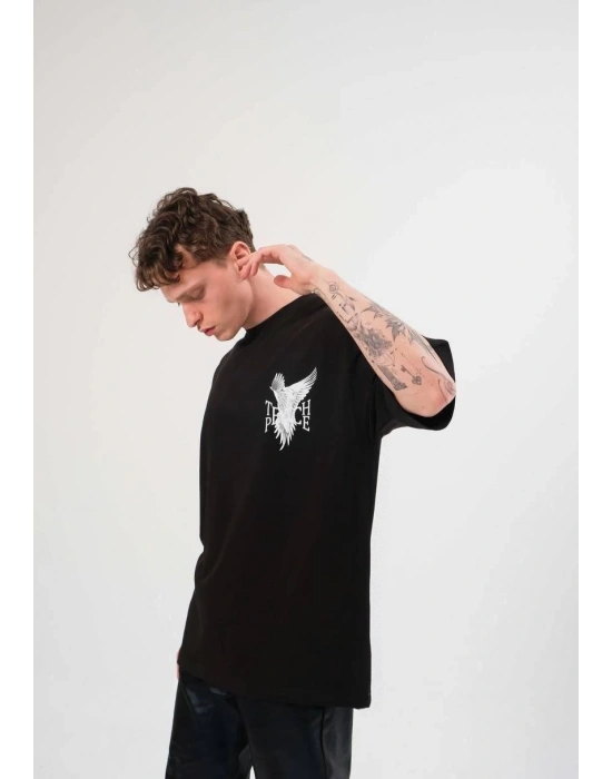 Erkek Bisiklet Yaka Baskılı Oversize T-Shirt - Siyah