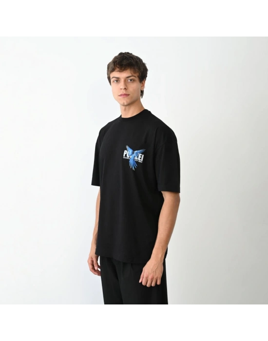 ERKEK Bisiklet Yaka Baskılı Oversize T-Shirt - Siyah