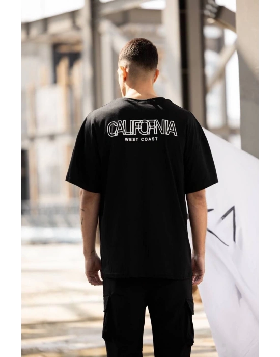 ERKEK Bisiklet Yaka Baskılı Oversize T-Shirt - Siyah