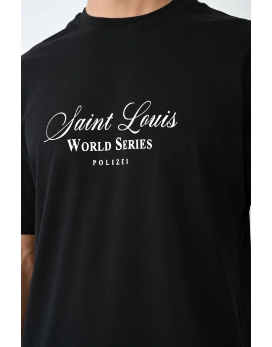 ERKEK Bisiklet Yaka Baskılı Oversize T-Shirt - Siyah