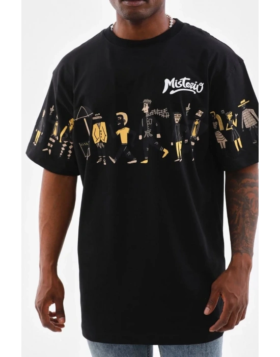 Erkek Bisiklet Yaka Baskılı Oversize T-Shirt - Siyah