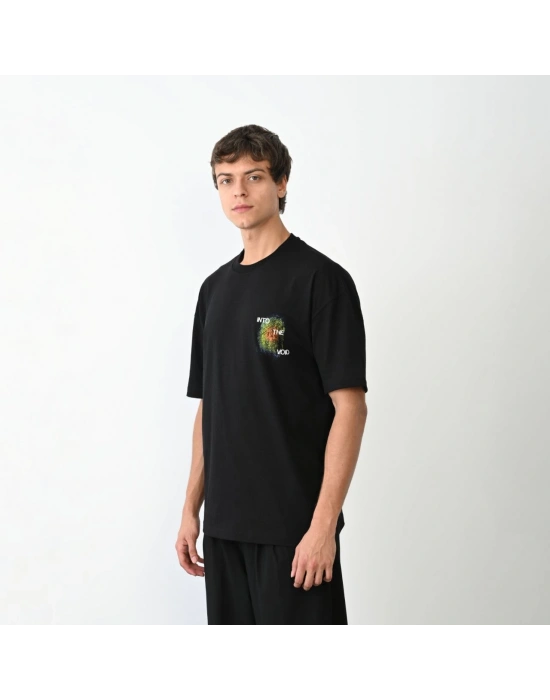 Erkek Bisiklet Yaka Baskılı Oversize T-Shirt - Siyah