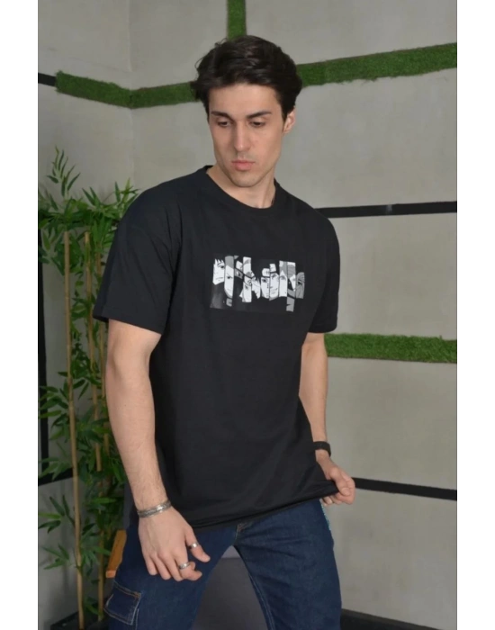 ERKEK Bisiklet Yaka Baskılı Oversize T-Shirt - Siyah