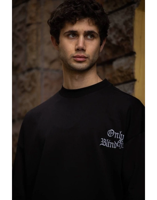 Erkek Bisiklet Yaka Baskılı Oversize T-Shirt - Siyah