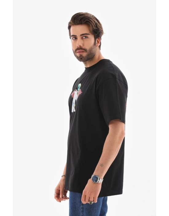 Erkek Bisiklet Yaka Baskılı Oversize T-Shirt - Siyah