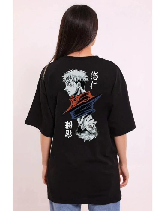 kadın  Bisiklet Yaka Baskılı Oversize T-Shirt - Siyah