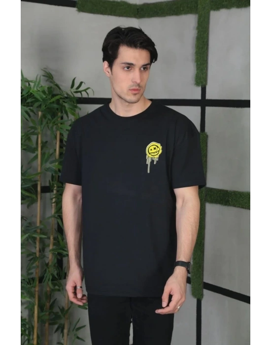 ERKEK Bisiklet Yaka Baskılı Oversize T-Shirt - Siyah