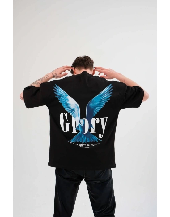 Erkek Bisiklet Yaka Baskılı Oversize T-Shirt - Siyah