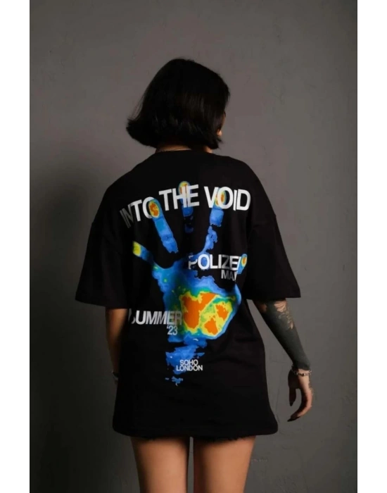 kadın Bisiklet Yaka Baskılı Oversize T-Shirt - Siyah