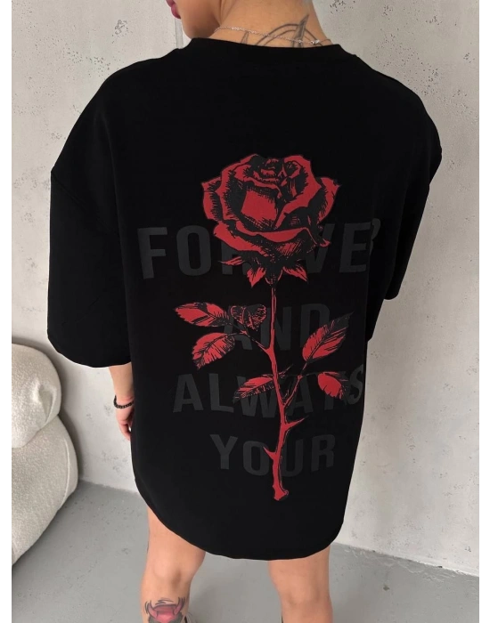 kadın Bisiklet Yaka Baskılı Oversize T-Shirt - Siyah