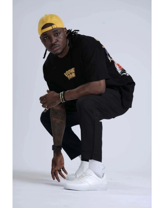 Bisiklet Yaka Baskılı Oversize T-Shirt - Siyah