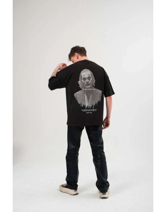 Erkek  Bisiklet Yaka Baskılı Oversize T-Shirt - Siyah